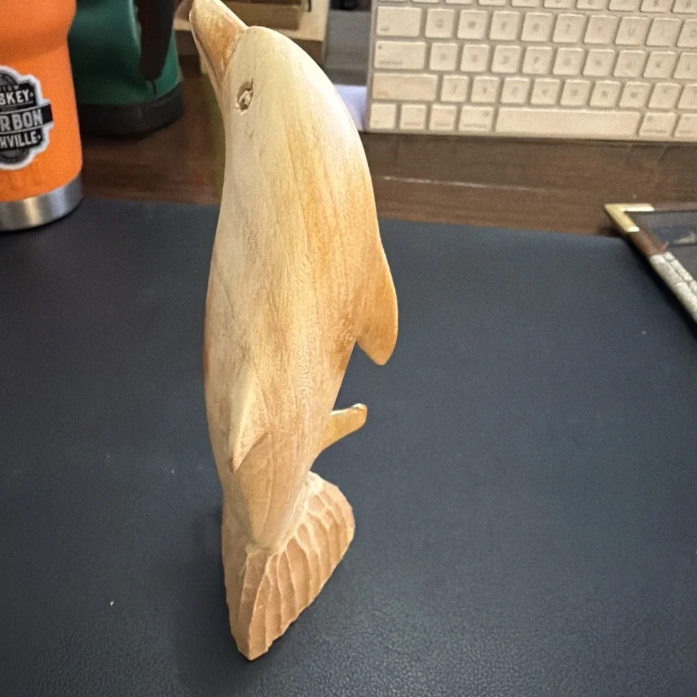 Vintage Hand Carved Wooden Dolphin Figurine On Base 6